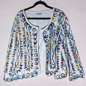 Vintage The Paragon White W Multicolour Swirl Strips Open Front Blazer Jacket 2X